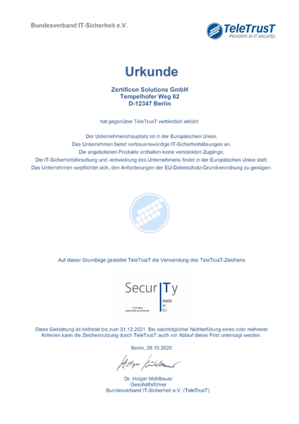 IT Security made in EU Urkunde Zertificon