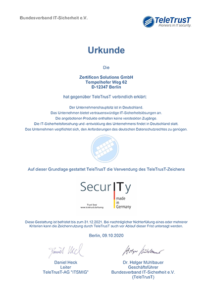 IT Security made in Germany Urkunde Zertificon