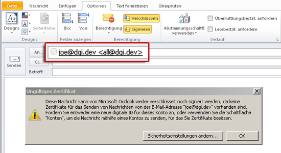 Fehlermeldung durch E-Mail Domainzertifikat in Outlook
