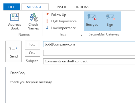 MS Outlook Encryption Plugin: Z1 MyCrypt encryption trigger Z1 SecureMail Gateway security actions from your mail client