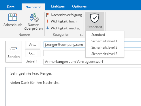 E-Mail Verschlüsselung für Unternehmen: Sicherheitsstufe direkt im Mailprogramm MS Outlook auswählen