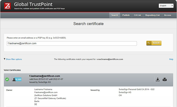 Screenshot: Z1 Global TrustPoint – search for public user certificates