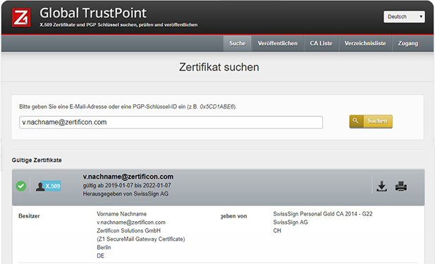 Screenshot Z1 GlobalTrust Point – Zertifikate suchen und validieren