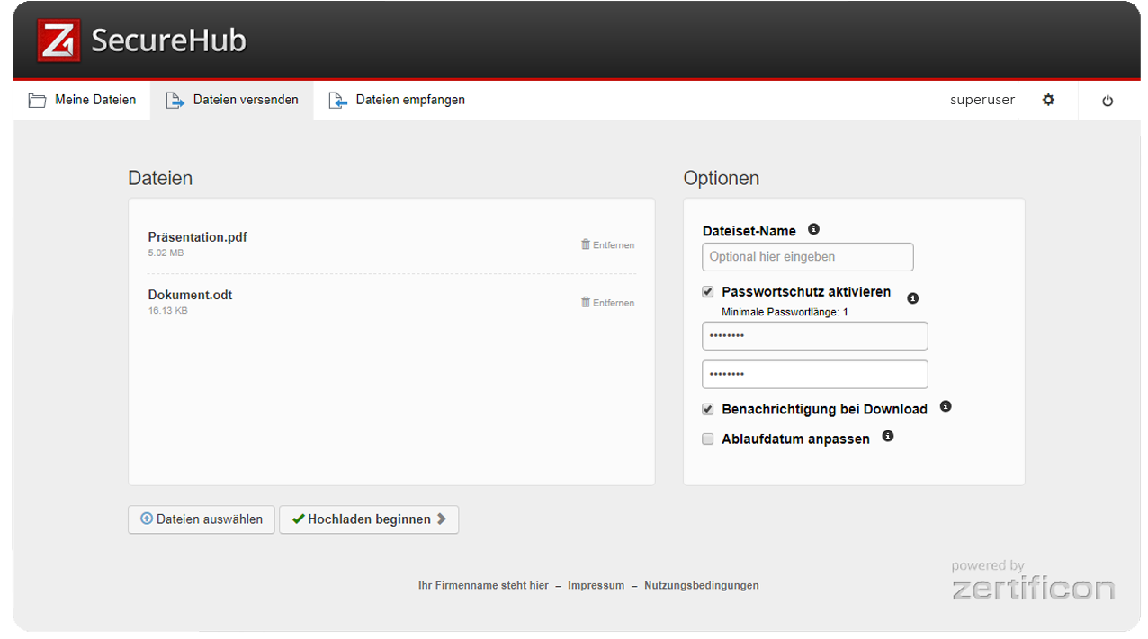 Z1 SecureHub User GUI: Große Dateien sicher versenden