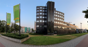 Westlotto Headquarter wideview, with flags on the side