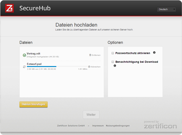 Z1 SecureHub User GUI: Große Dateien sicher versenden