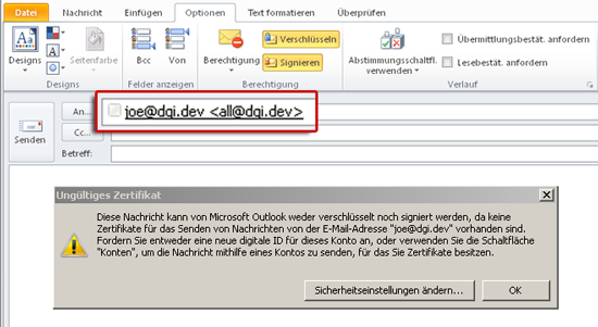 Error message due to email domain certificate in Outlook