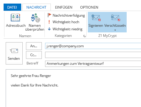 Encryption Plugin für MS Outlook: Z1 MyCrypt Verschlüsselung mit Z1 SecureMail Gateway vom Client aus steuern