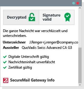 View of a validated email signature with Z1 SecureMail Gateway