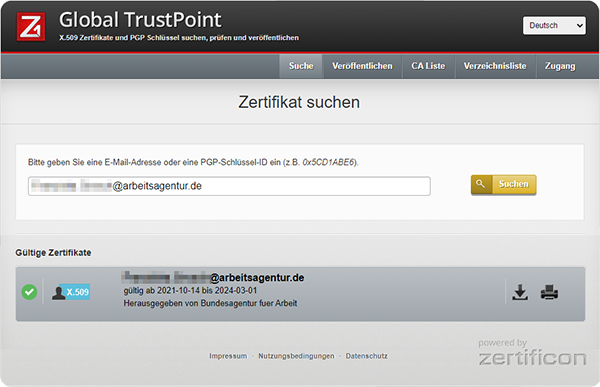 E-Mail-Zertifikate der BA automatisiert finden und validieren mit Z1 Global TrustPoint