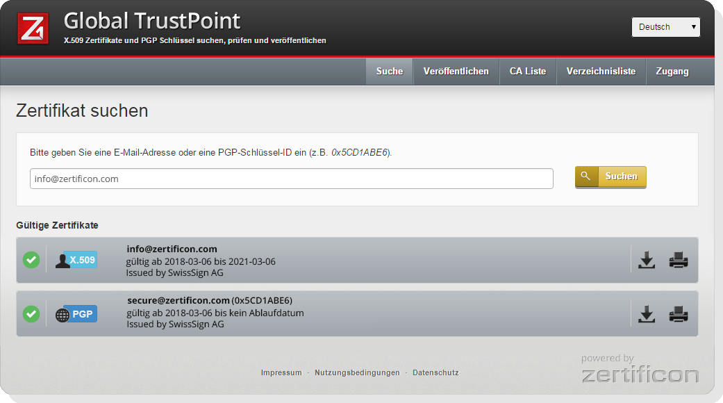 Z1 Global TrustPoint PKI-Zertifikatssuchmaschine