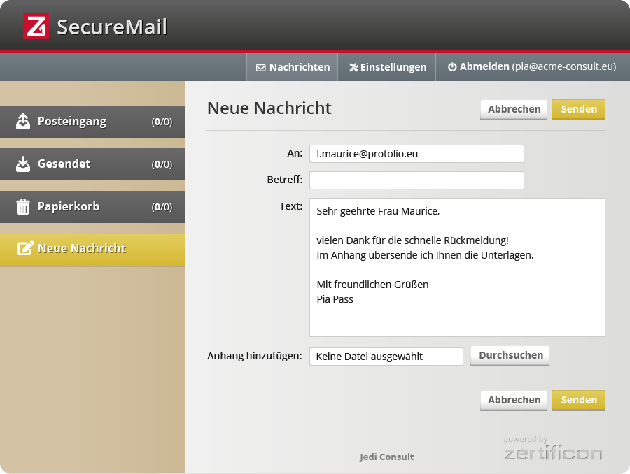 intuitiv nutzbarer sicherer Webmailer zum Austausch verschlüsselter Nachrichten (vormals Z1 Messenger)